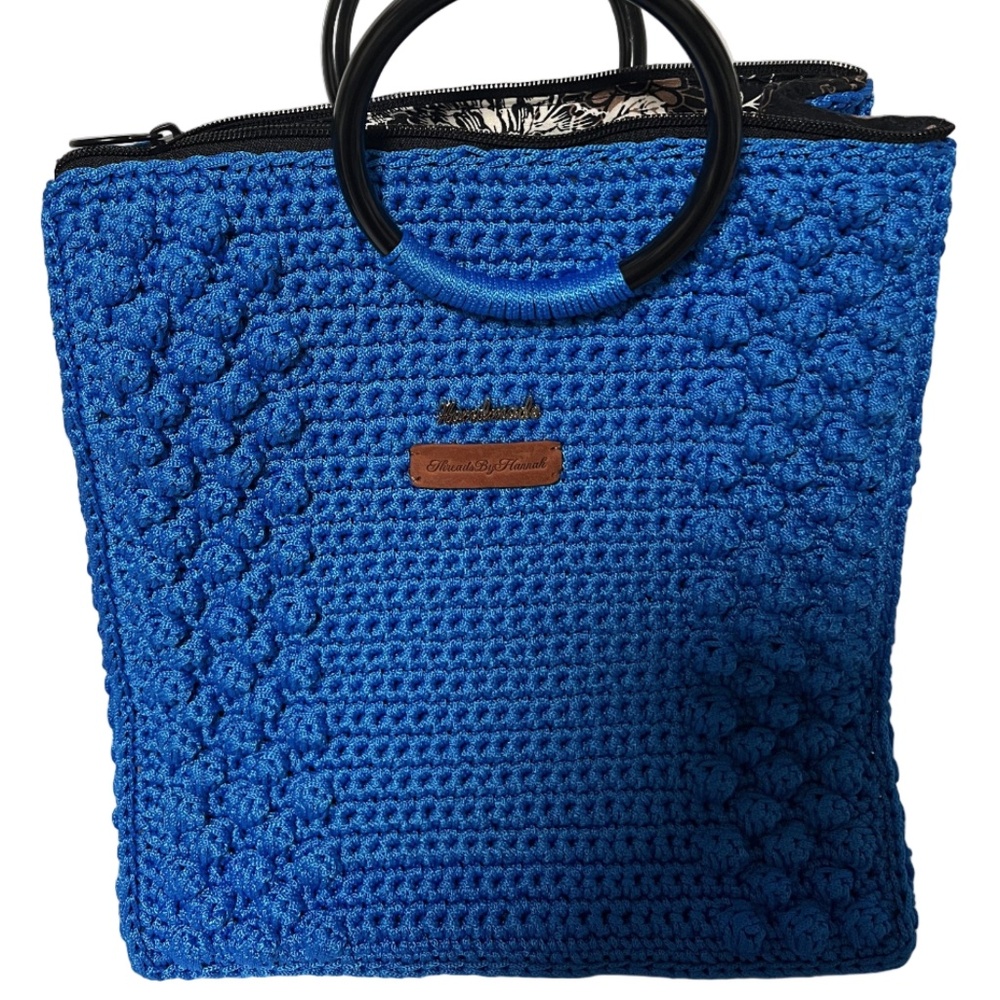 Handmade Blue Crochet Trapezoid Handbag